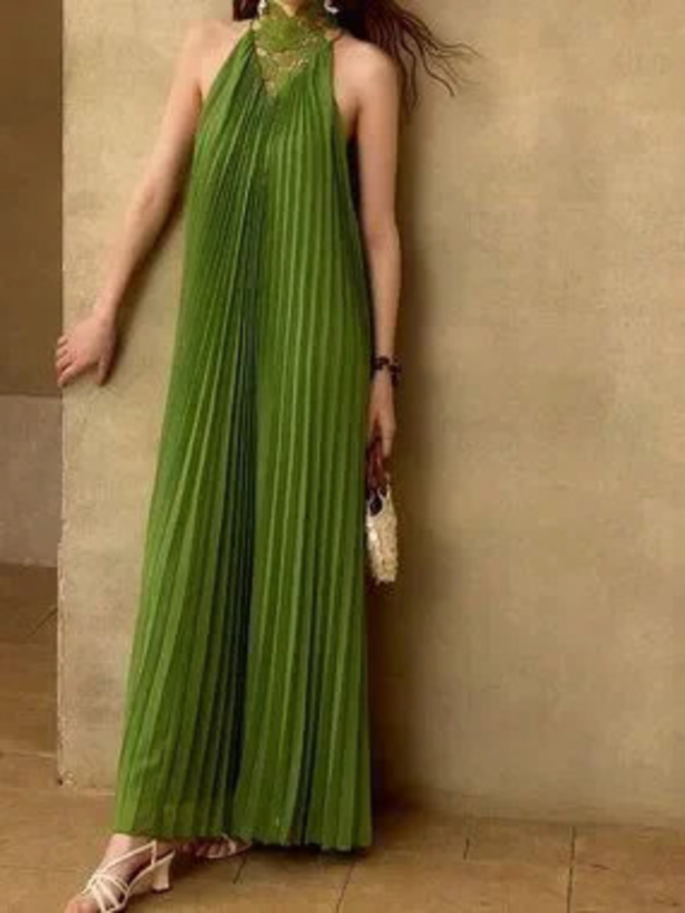 ZARA Green Elegant Women's Pleated Contrast Guipure Lace Halter Neck Dress